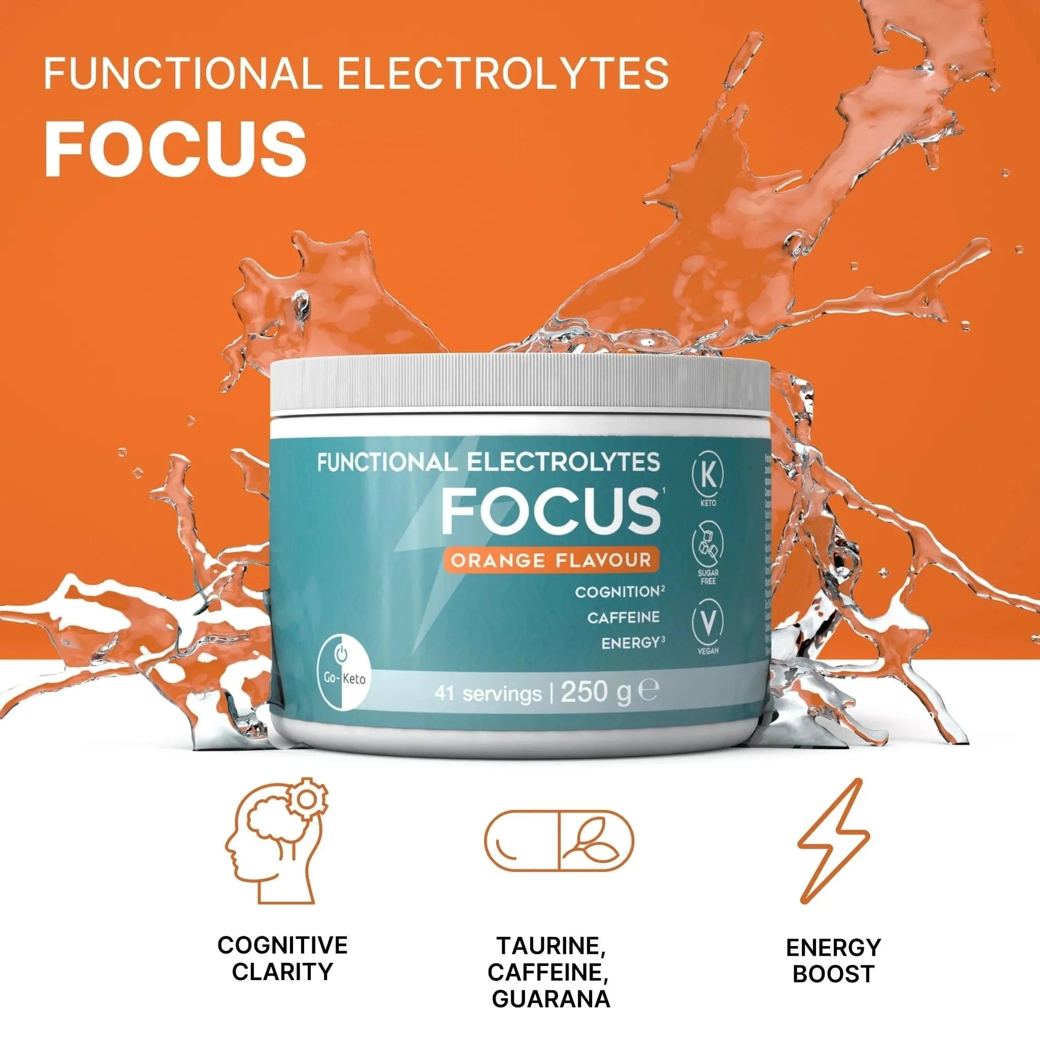 Functional Electrolytes Drink Mix Focus Orange Go-Keto 41 servings go-keto  P-GK-584-FOCUS